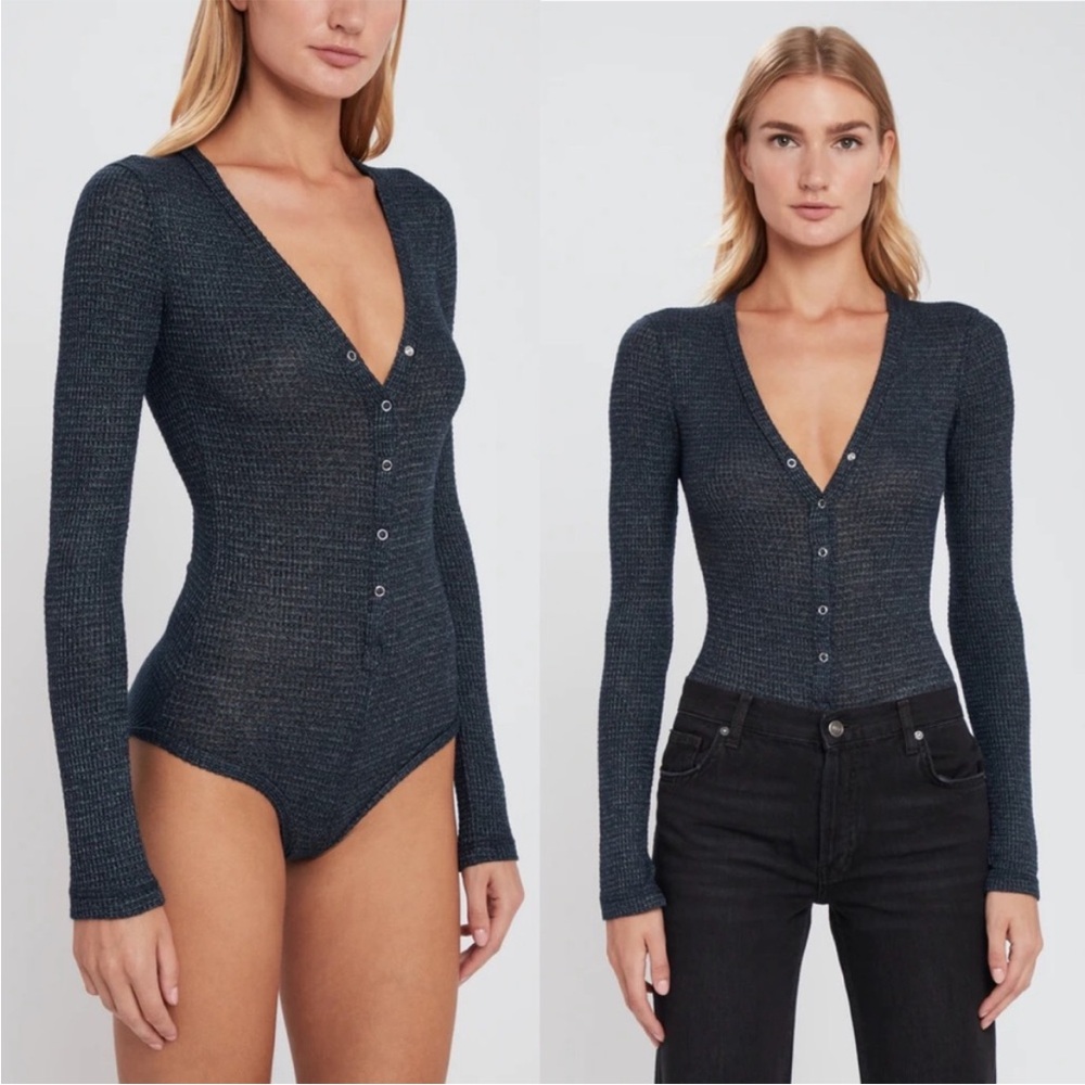 Free People Charcoal Ribbed Long Sleeve Snap-Front Bodysuit